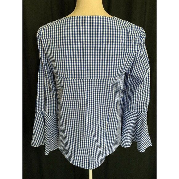 Zara Womens Blue White Checked Long Sleeve Baby Doll V Neck Top Medium - Picture 4 of 5